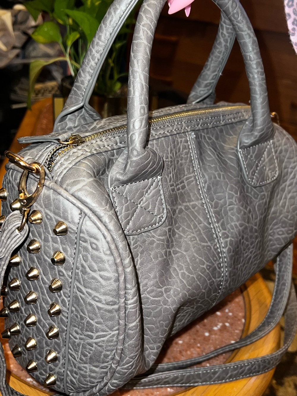 Y2K Gray Studded Dome Satchel Handbag - Women's Crossbody Bag